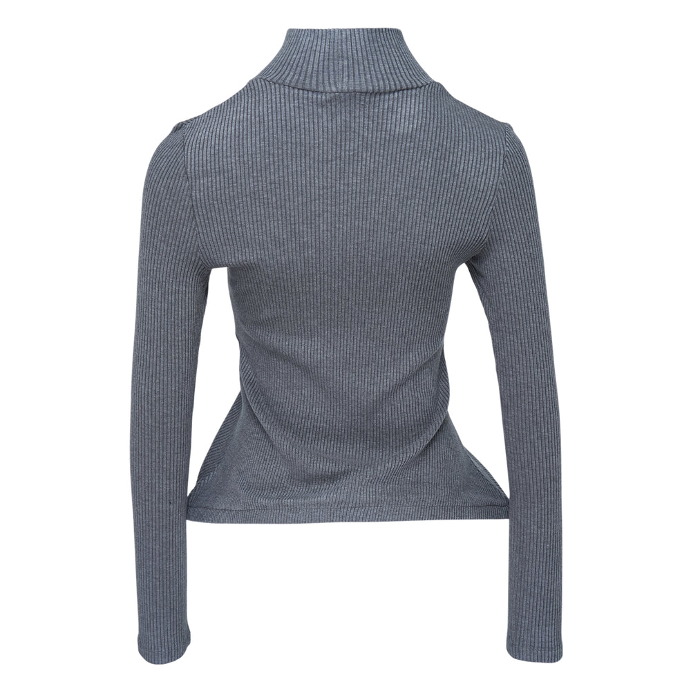Melitta Baumeister black ribbed knit turtleneck sweater with long sleeves and a dramatic curved pointed hem, front view on white background