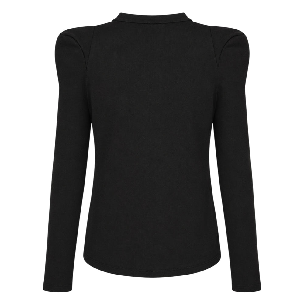 Melitta Baumeister Foamy Shoulder Cardigan in black, featuring sculptural puff shoulders, tonal button-through front closure, ribbed crew neck, and two piped patch pockets at the hip - view 2