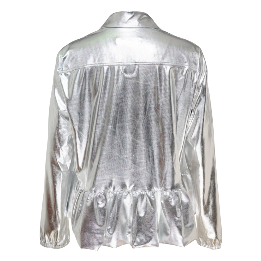 Melitta Baumeister silver metallic ruffle shirt with rounded Peter Pan collar, pearlescent button-through front, gathered peplum hem, and long sleeves with elasticated cuffs - view 2