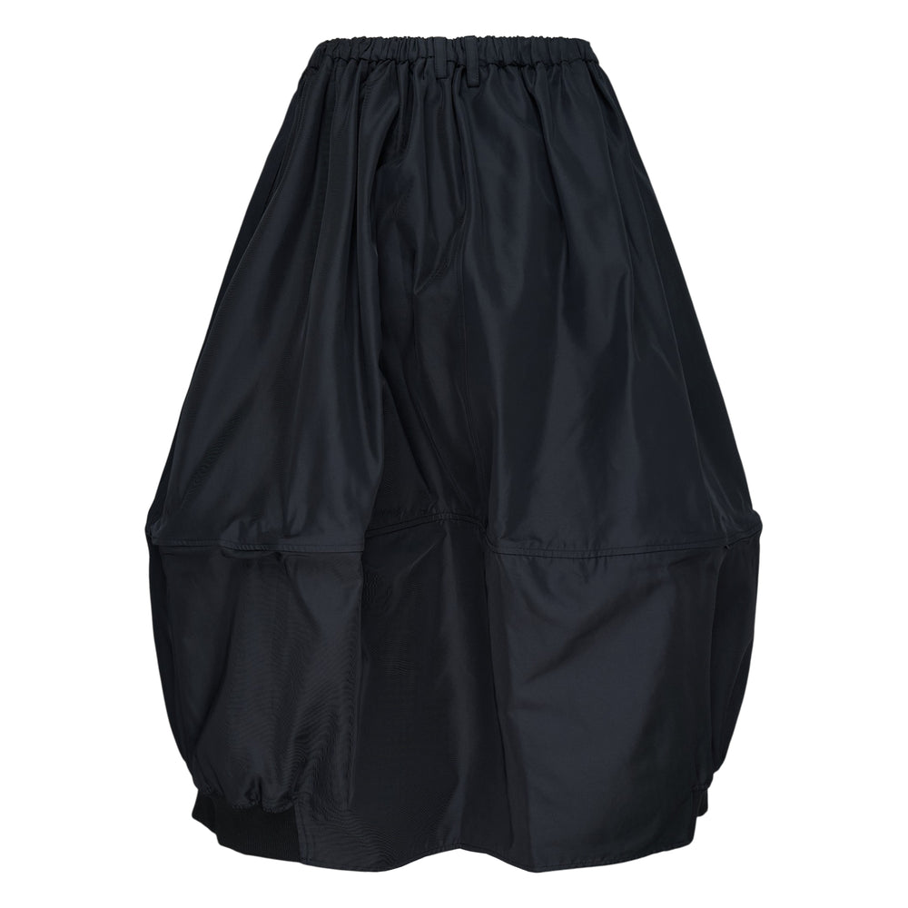 Melitta Baumeister Maxi Bomber Skirt in black, featuring a voluminous balloon silhouette, elasticated drawstring waist, panelled construction, and ribbed hem cuffs