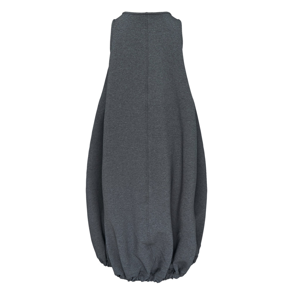 Melitta Baumeister Spongy O-Line Dress in charcoal grey marl, featuring a sleeveless fitted bodice, dramatic balloon skirt with elasticated hem, two curved patch pockets, and contrast ribbed neckline trim