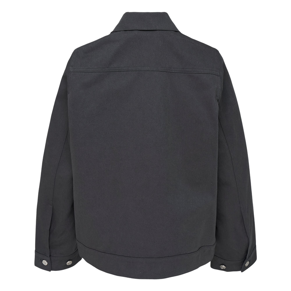 Melitta Baumeister dark charcoal cargo blouson with four rounded zip pockets, silver hardware, button-front placket, point collar, and ribbed hem, displayed flat on a white background