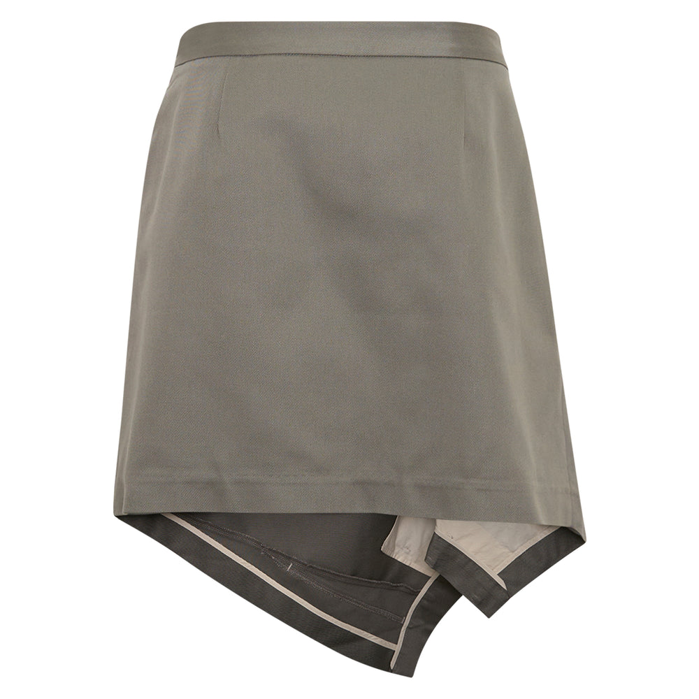 RE;CODE Cotton Asymmetric Wrap Skirt in olive-grey with draped handkerchief hem, button tab detail, and numbered woven label at waistband - view 2