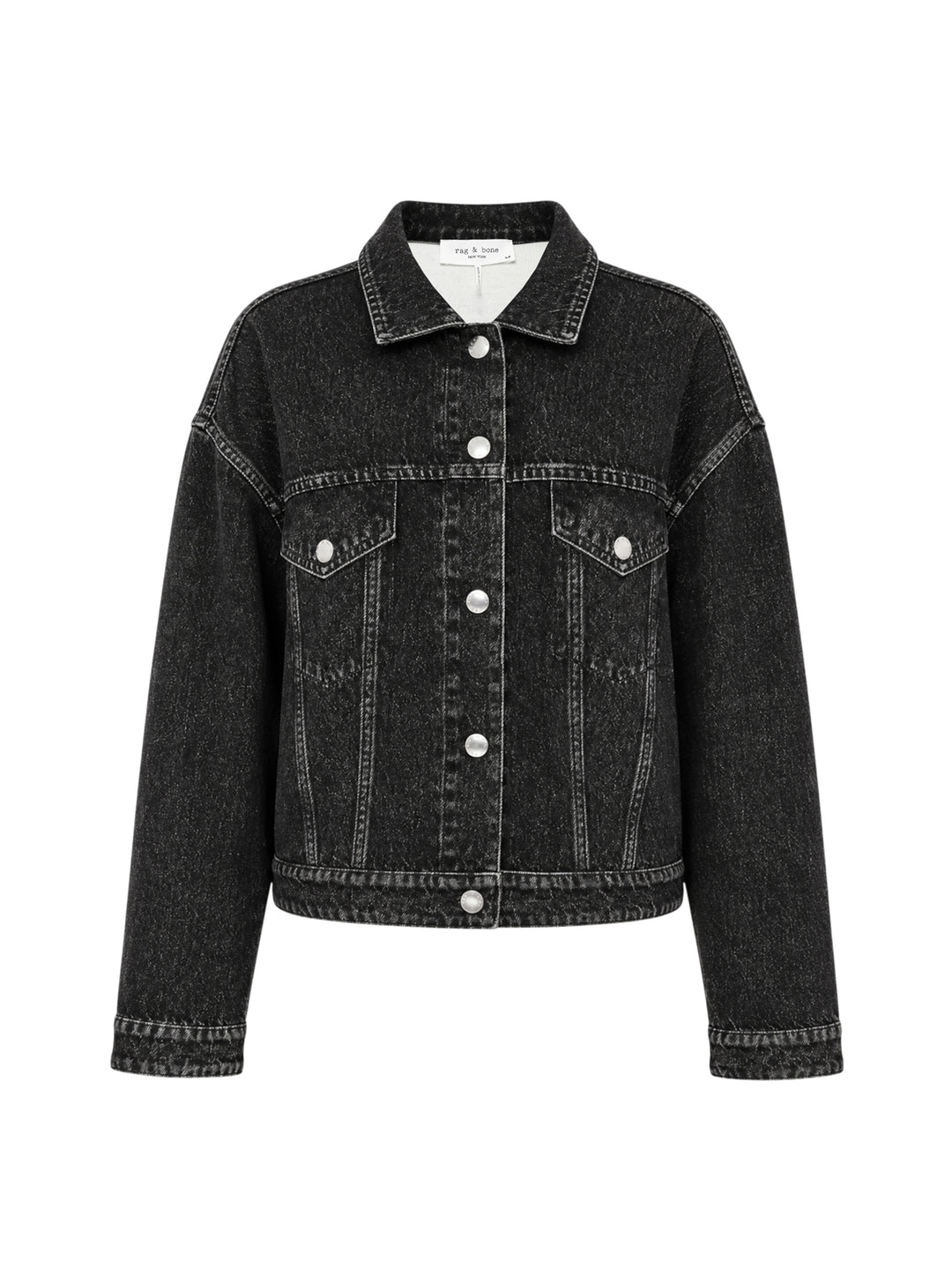rag & bone Miramar Mallow Trucker Jacket in washed black denim with silver snap buttons, twin chest pockets, and contrast topstitching, shown flat on a white background