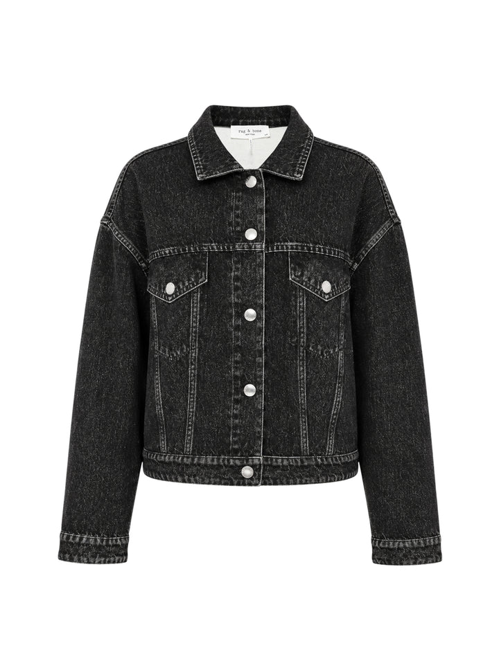 rag & bone Miramar Mallow Trucker Jacket in washed black denim with silver snap buttons, twin chest pockets, and contrast topstitching, shown flat on a white background