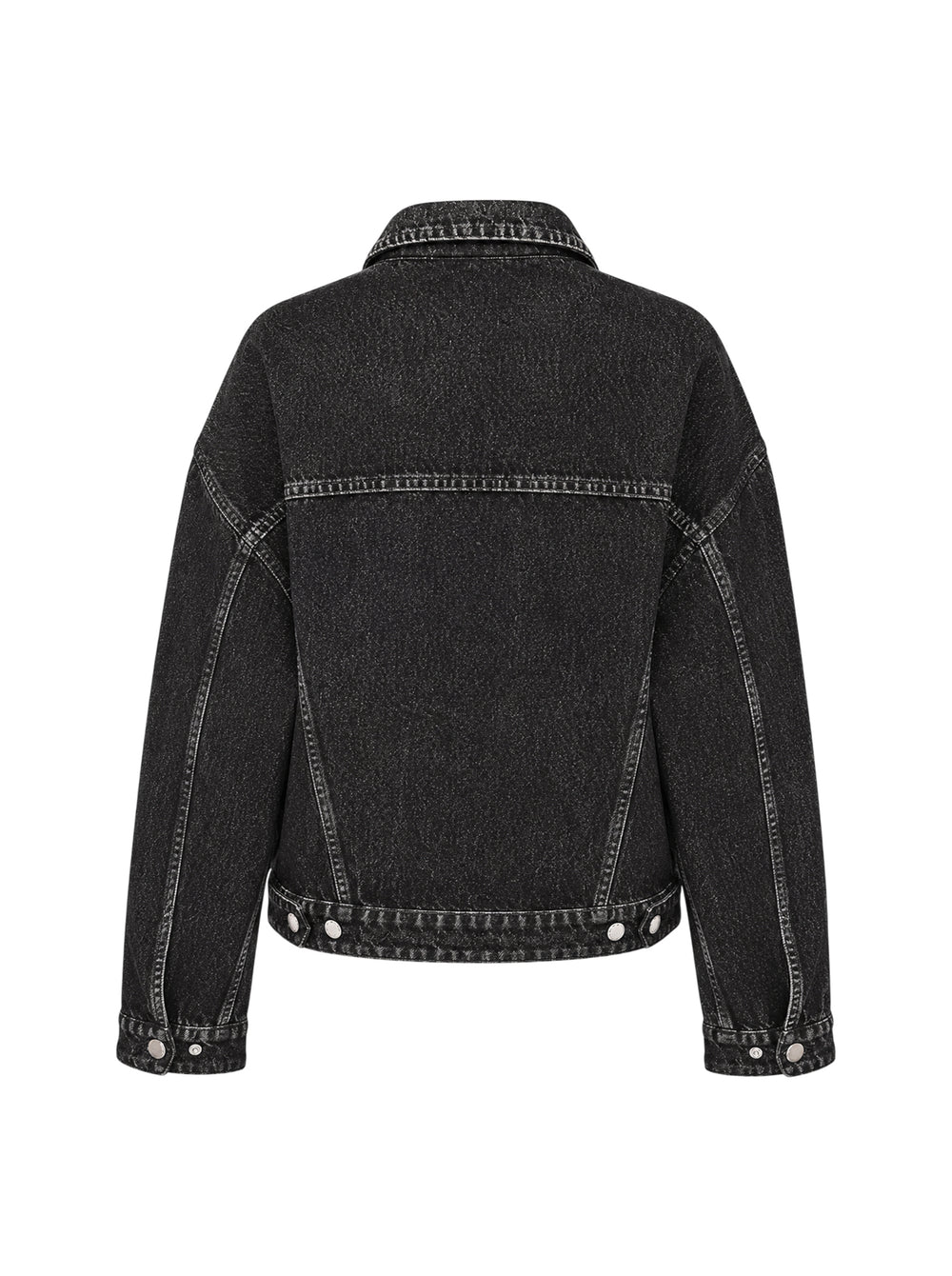rag & bone Miramar Mallow Trucker Jacket in washed black denim with silver snap buttons, twin chest pockets, and contrast topstitching, shown flat on a white background - view 2