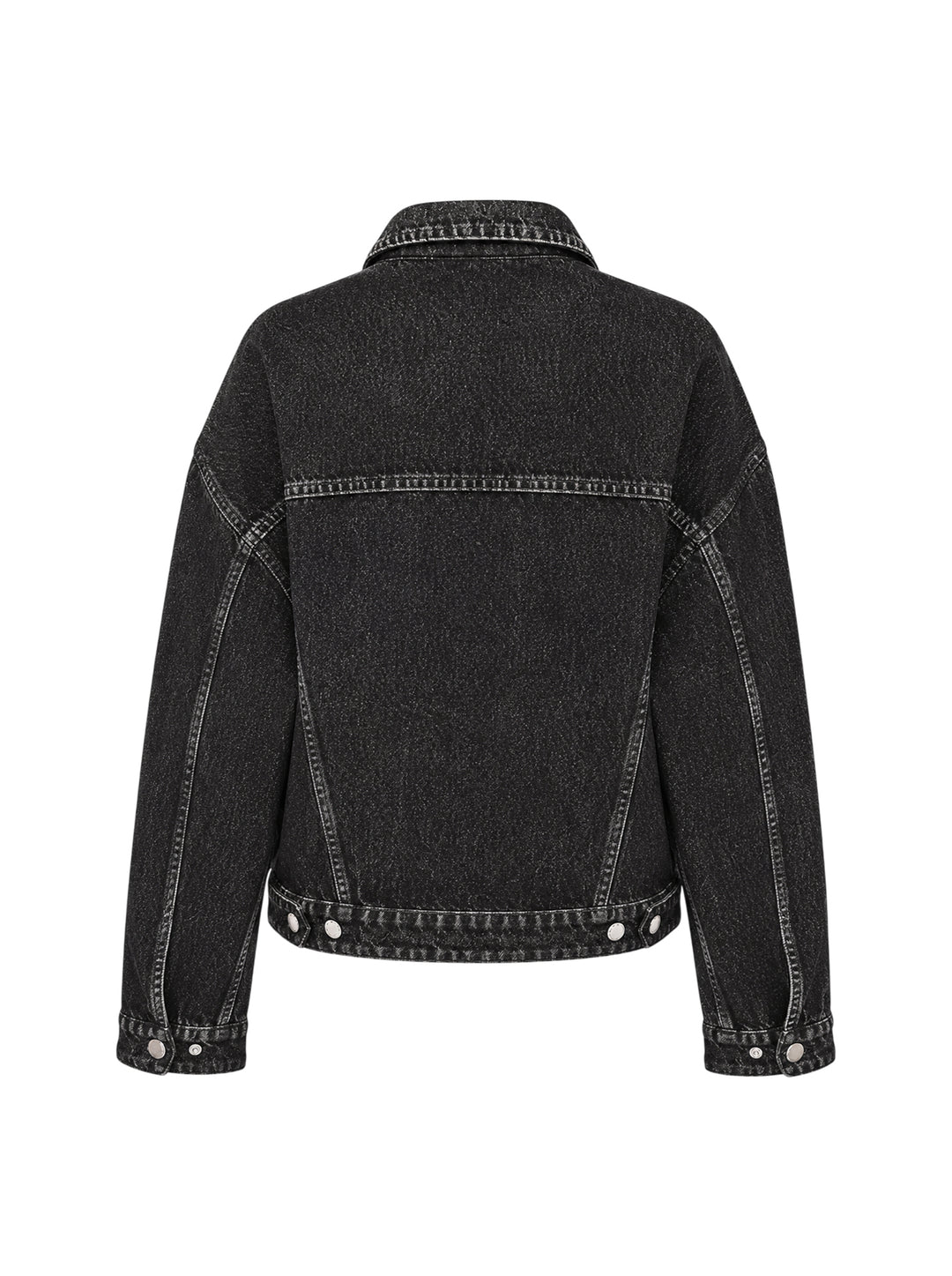 rag & bone Miramar Mallow Trucker Jacket in washed black denim with silver snap buttons, twin chest pockets, and contrast topstitching, shown flat on a white background - view 2