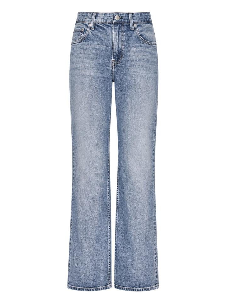 rag & bone Miramar wide leg jeans in light blue wash, shown flat with high-rise waist, five-pocket styling, and a gently flared hem