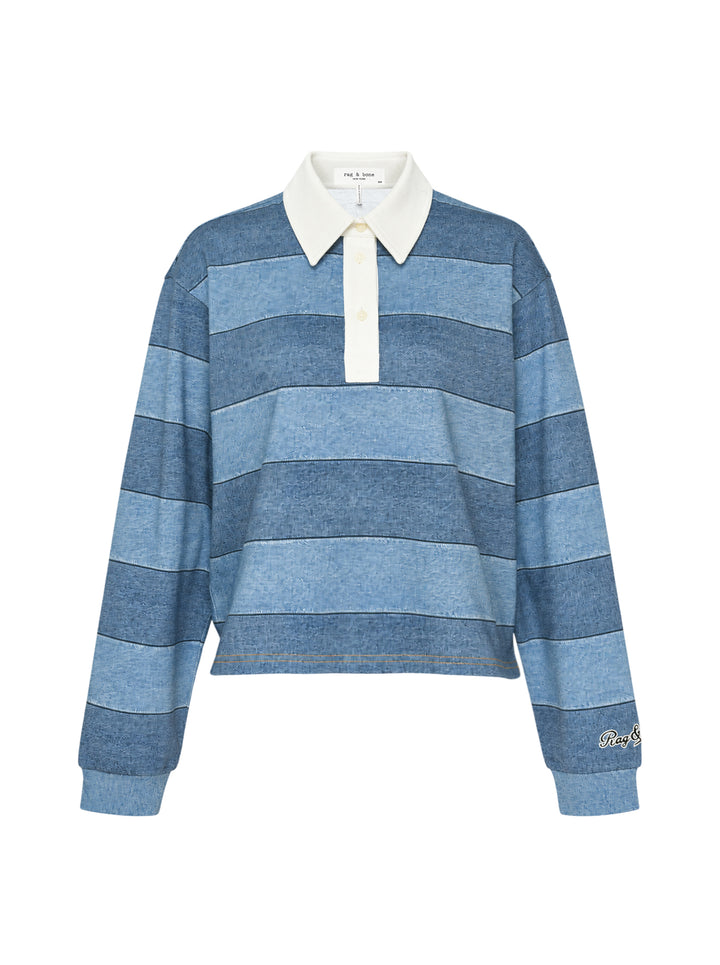 rag & bone Miramar Cropped Rugby Polo in tonal blue denim stripe with cream contrast collar, button placket, and ribbed cuffs