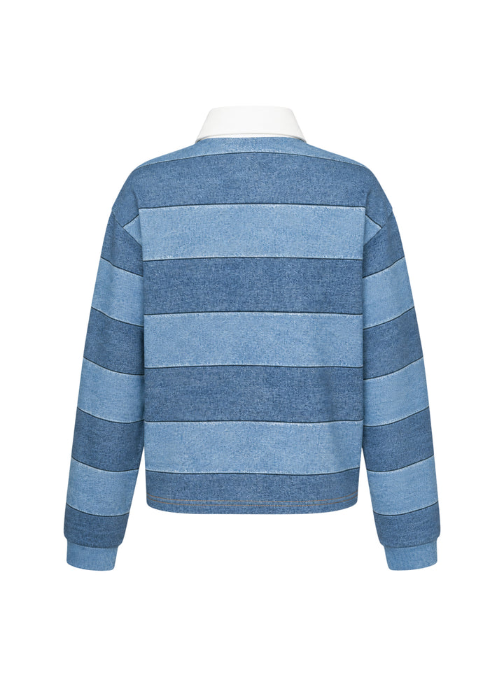 rag & bone Miramar Cropped Rugby Polo in tonal blue denim stripe with cream contrast collar, button placket, and ribbed cuffs - view 2