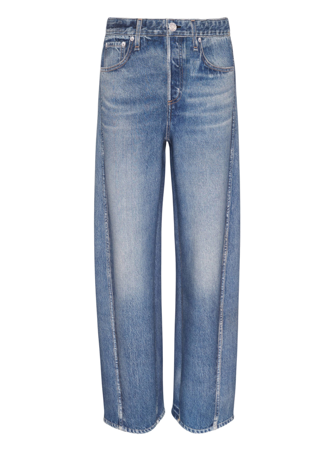 rag & bone Miramar High Rise Barrel Jeans in medium blue wash, featuring a relaxed curved silhouette, five-pocket construction, and clean-cut hem, shown flat on a white background