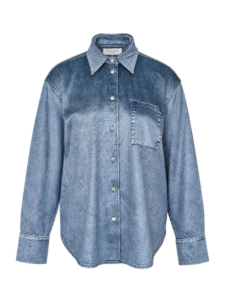 rag & bone Miramar Velvet Connie Shirt in blue acid-wash denim with tonal yoke blocking, snap-button placket, and a chest patch pocket