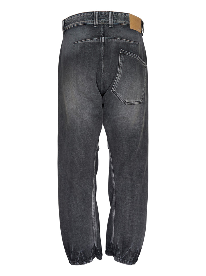We11done washed grey curved jeans with a hand-stitched plaid check patch at the knee, five-pocket construction, and elasticated ankle cuffs - view 2