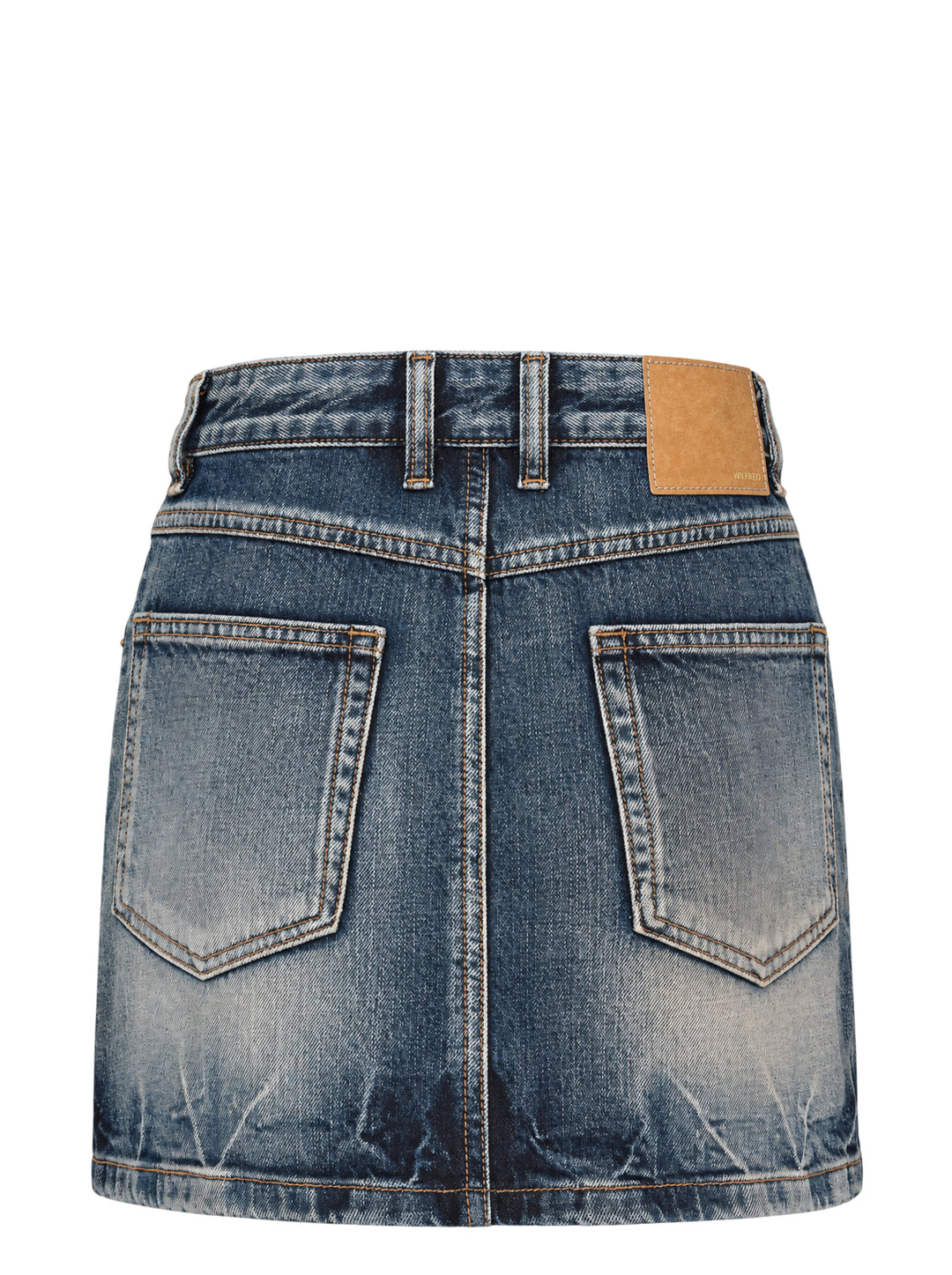We11done Repaired Check Denim Mini Skirt in vintage-washed blue with contrast orange stitching, antique brass hardware, and an oval plaid check patch with embroidered We11done logo - view 2