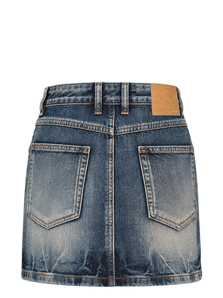 We11done Repaired Check Denim Mini Skirt in vintage-washed blue with contrast orange stitching, antique brass hardware, and an oval plaid check patch with embroidered We11done logo - view 2