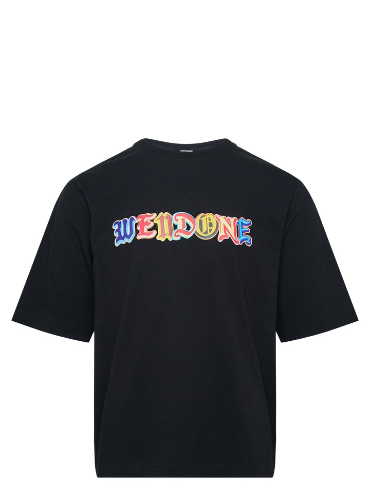 We11done black short sleeve oversized tee with multicolour Old English logo patch graphic across the chest