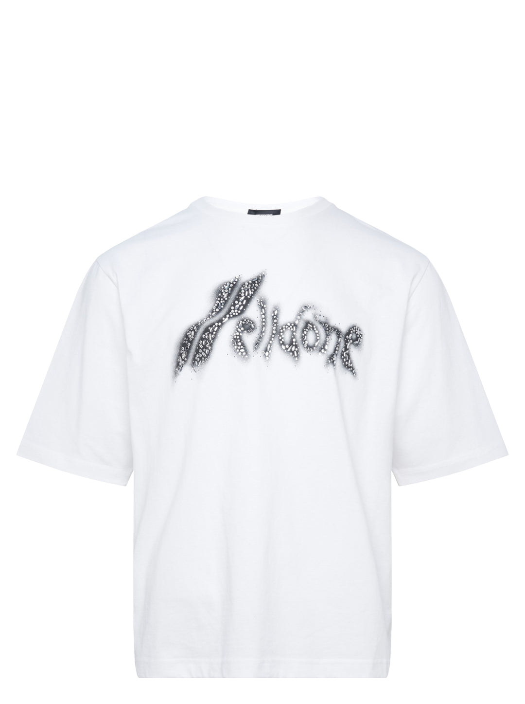 We11done White Crystal Logo T-Shirt with airbrushed graffiti-style jewelled brand logo graphic on the chest, oversized fit, crew neck, short sleeves