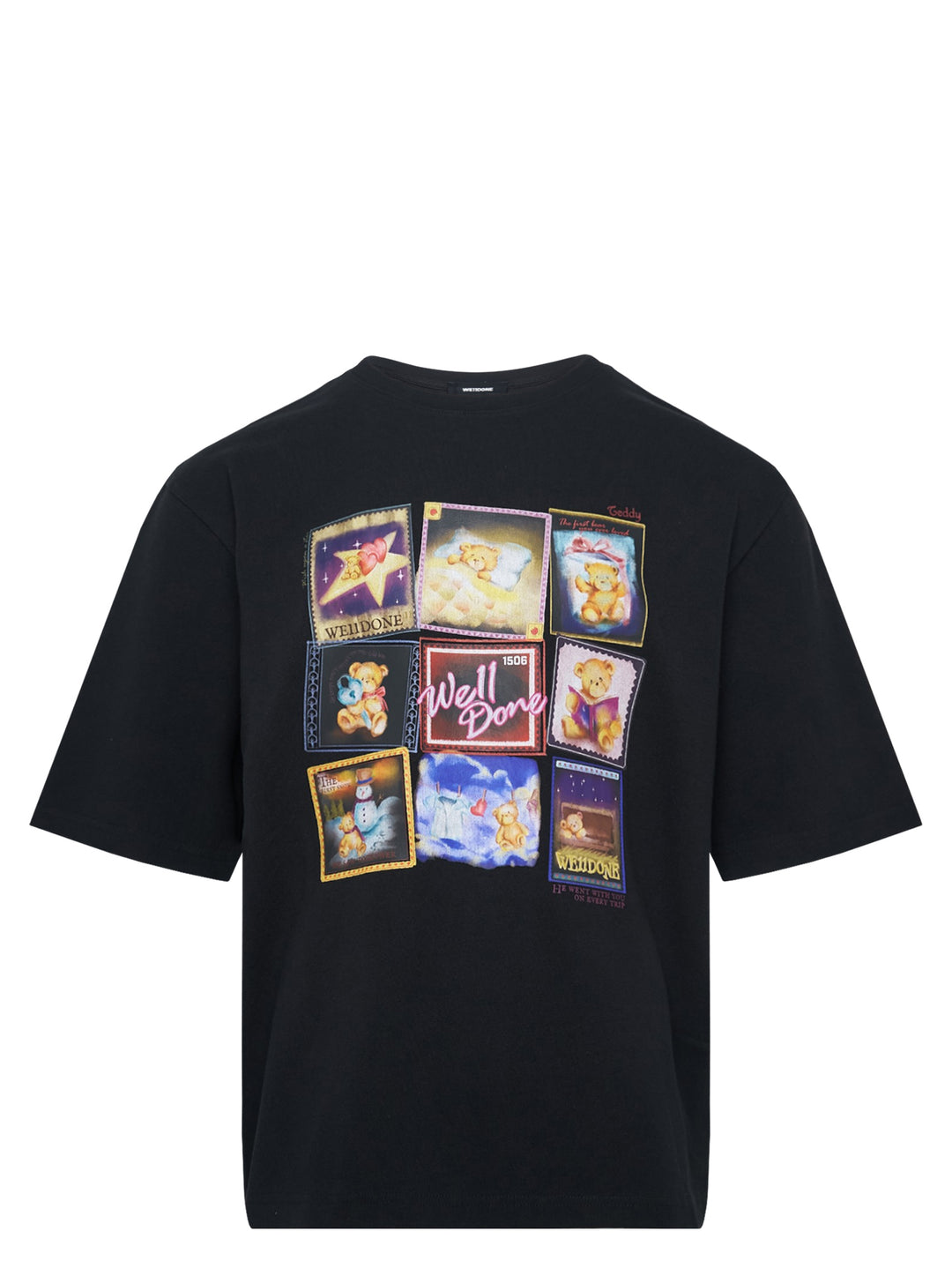 We11done Black Teddy Memories T-Shirt with a multi-panel teddy bear stamp collage graphic print on the chest, shown in an oversized relaxed fit against a white background