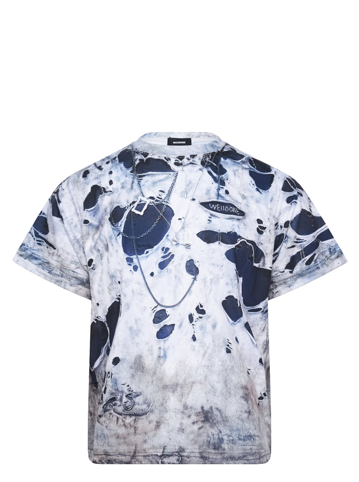 We11done Vintage Printed T-Shirt in light grey with photorealistic all-over distressed denim and chain necklace trompe-l'oeil print, boxy crew-neck silhouette