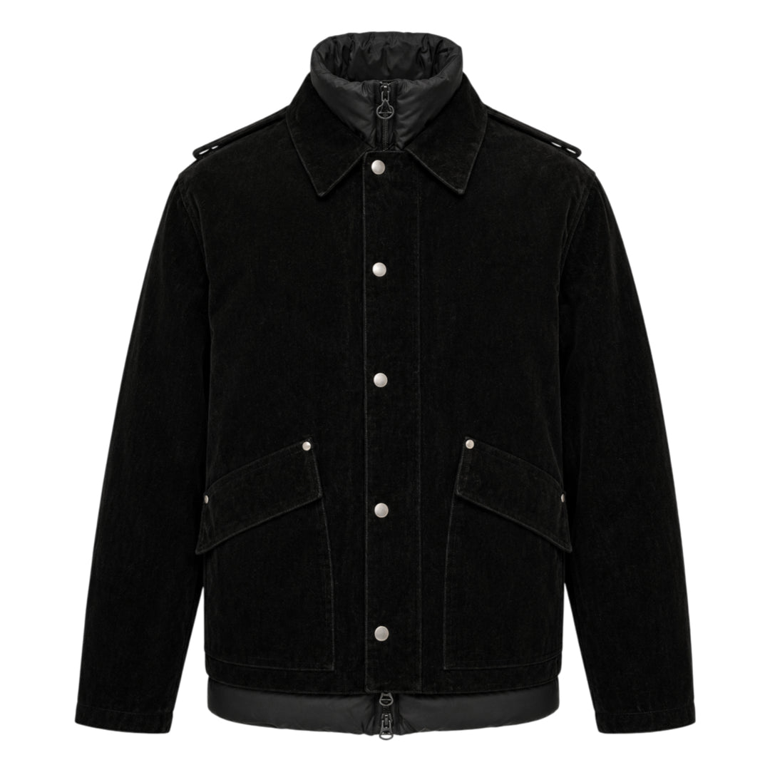 Solid Homme black velvet jacket with snap-button front closure, integrated quilted nylon inner puffer vest, epaulette shoulders, and dual flap pockets — front view on white background