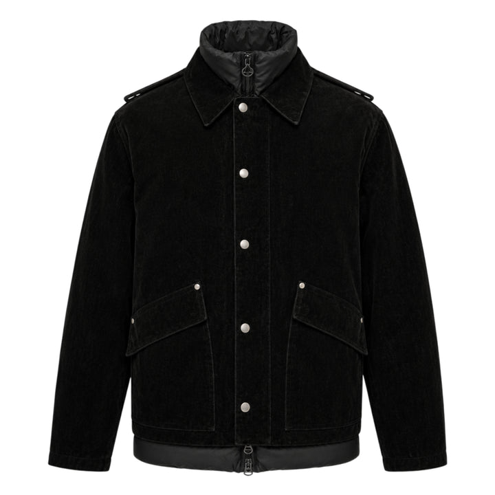 Solid Homme black velvet jacket with snap-button front closure, integrated quilted nylon inner puffer vest, epaulette shoulders, and dual flap pockets — front view on white background