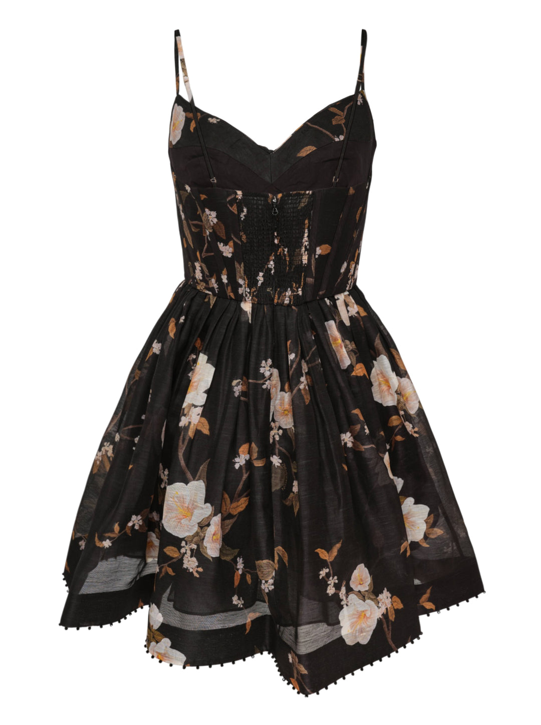 Zimmermann Ascent Corseted Mini Dress in black floral print with sweetheart neckline, structured corset bodice, full circle skirt, and pom-pom hem trim - view 2