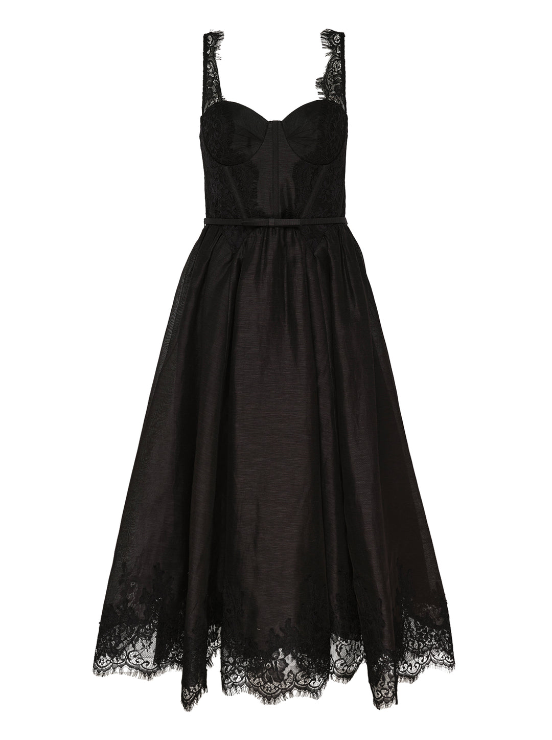 Zimmermann Valiant Lace Trim Midi Dress in black, featuring a structured corset bodice with lace overlay, wide lace straps, voluminous semi-sheer organza skirt, ribbon waist tie, and deep scalloped lace hem border