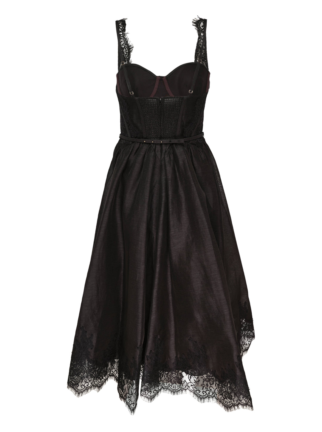Zimmermann Valiant Lace Trim Midi Dress in black, featuring a structured corset bodice with lace overlay, wide lace straps, voluminous semi-sheer organza skirt, ribbon waist tie, and deep scalloped lace hem border - view 2