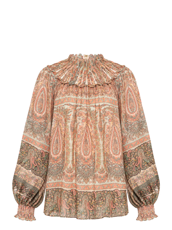 Zimmermann Momentum Rouleau Billow Top in vintage-inspired paisley print with smocked ruffle high neck, voluminous long sleeves and scalloped cuff detailing