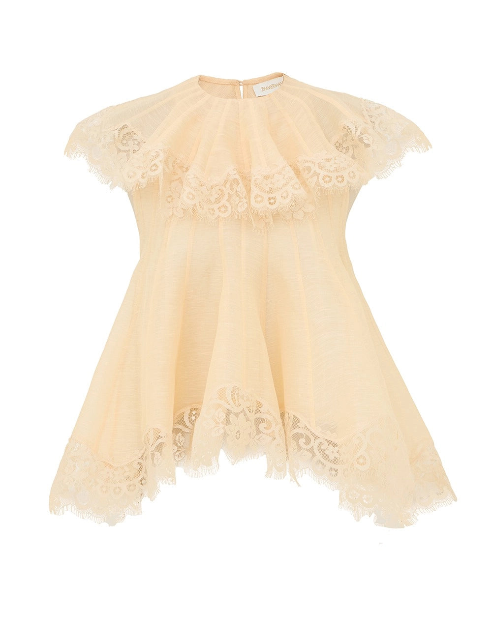 Zimmermann Ascent Flutter Top in pale apricot with a pleated ruffle collar, scalloped lace trim and a flared handkerchief hem