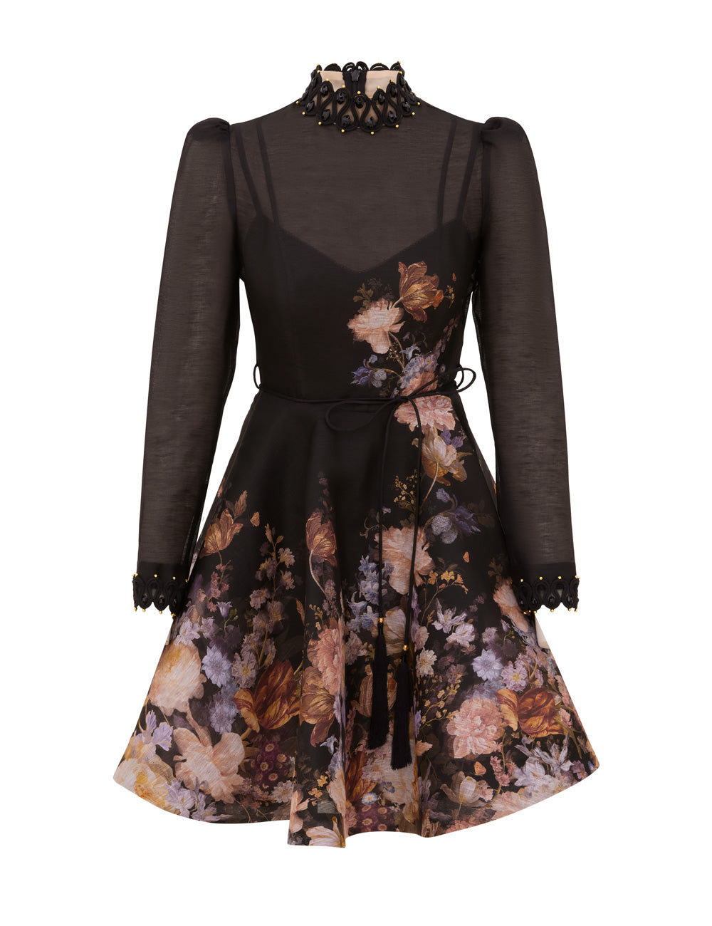 Zimmermann Valiant Embellish Mini Dress in black with sheer long sleeves, floral print skirt, beaded lace collar and tasselled waist tie