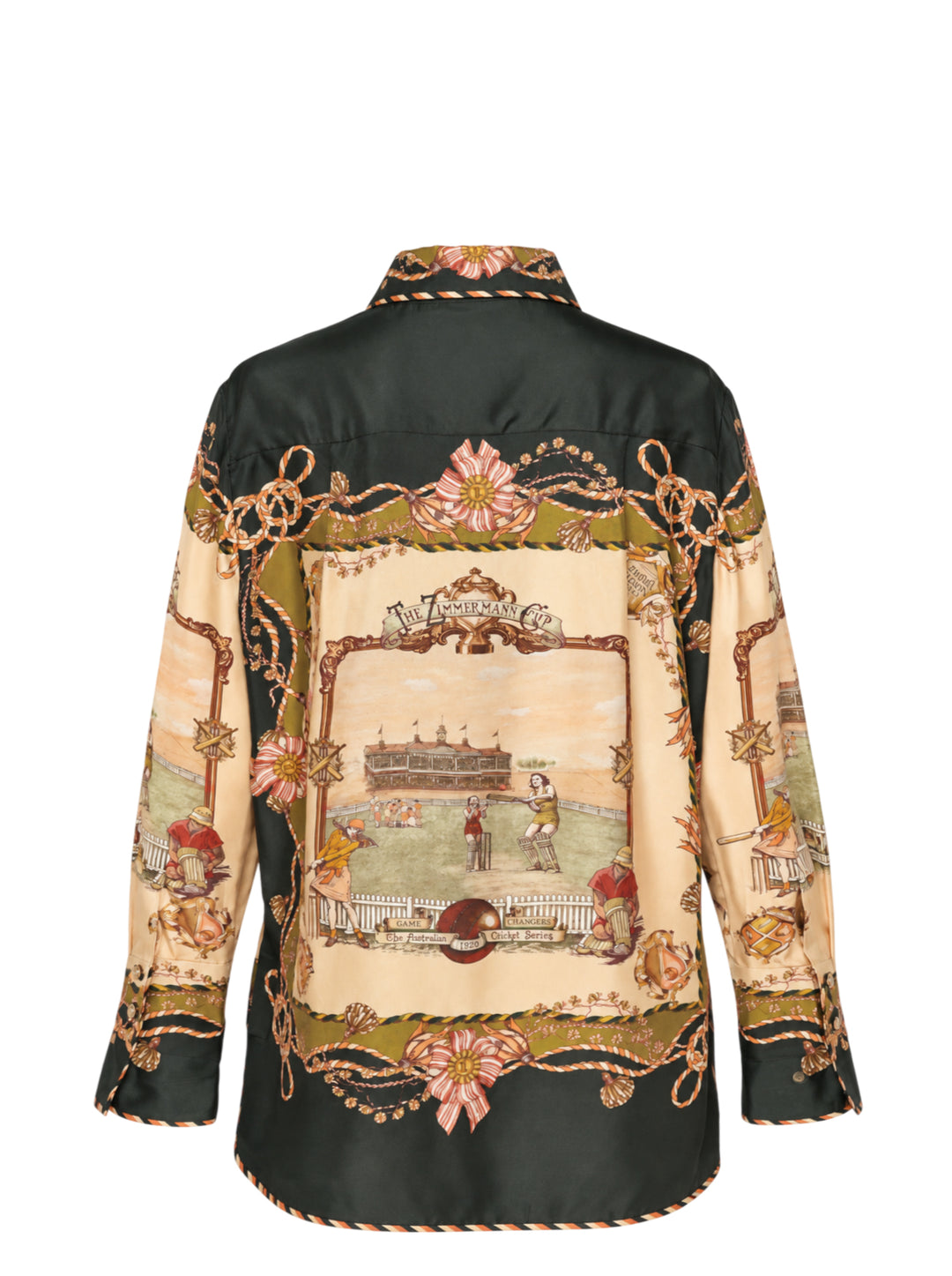 Zimmermann Valiant Twill Shirt with an ornate cricket and floral scarf print in forest green, blush, and ochre, featuring gold-tone press-stud buttons and wide printed cuffs - view 2