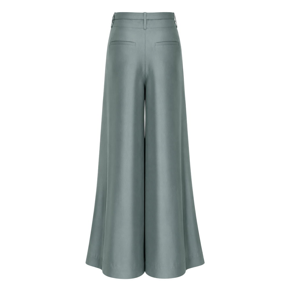Zimmermann wide leg pants in sage green with deep pleats, high waist, and gold-tone belted hardware detail