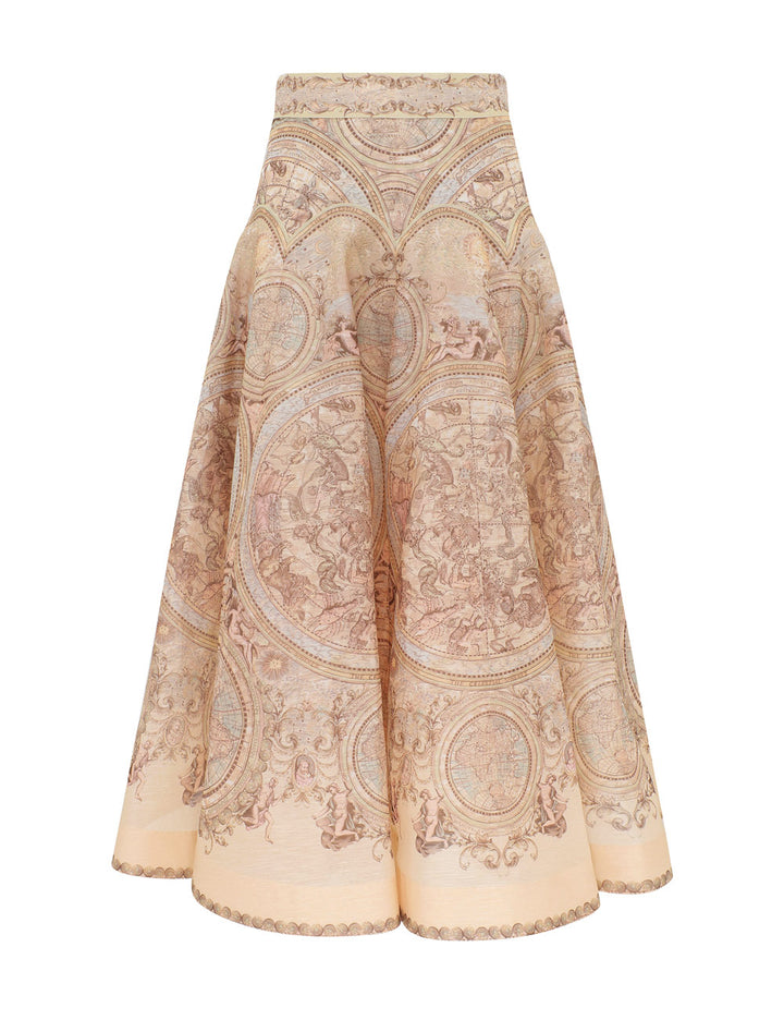 Zimmermann Ascent Panelled Midi Skirt in a peach and blush celestial map print with cherubs, baroque scrollwork and a scalloped hem