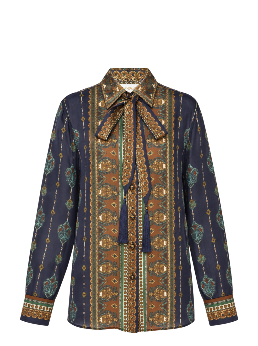 Zimmermann Satin Scarf Blouse in navy and bronze paisley print with self-tie bow collar, tassel ends, and button-through front placket
