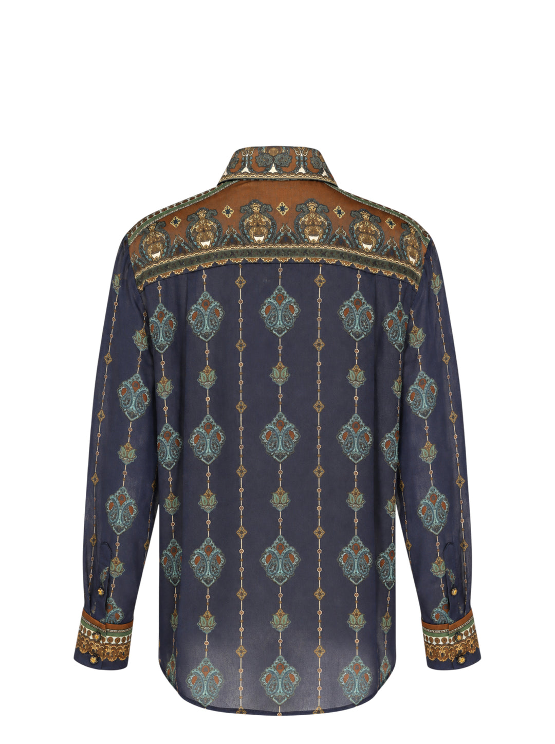 Zimmermann Satin Scarf Blouse in navy and bronze paisley print with self-tie bow collar, tassel ends, and button-through front placket - view 2
