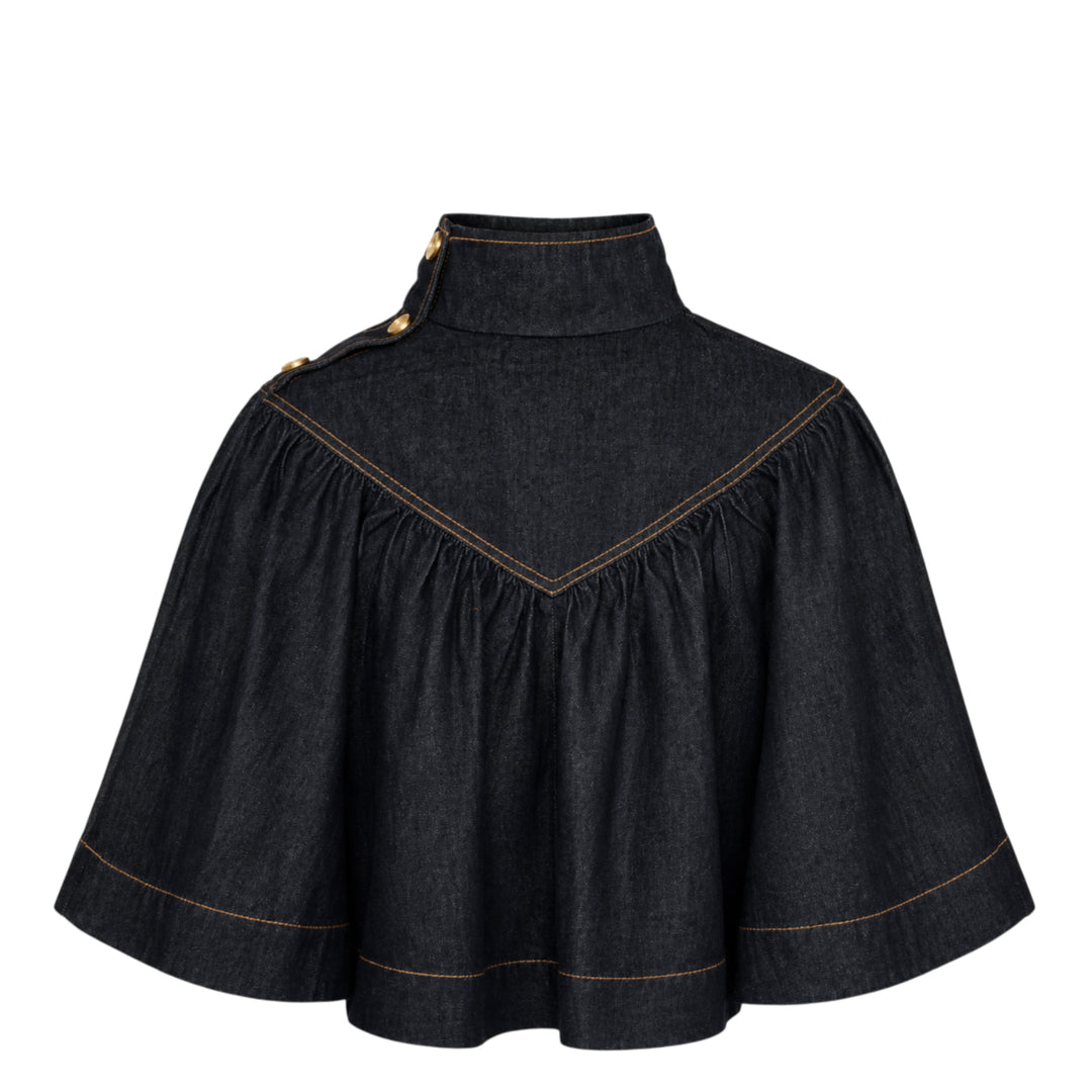 Zimmermann Denim Cape Top in dark indigo, back view, showing V-shaped gathered yoke, amber contrast topstitching, structured collar, and full sweeping hemline