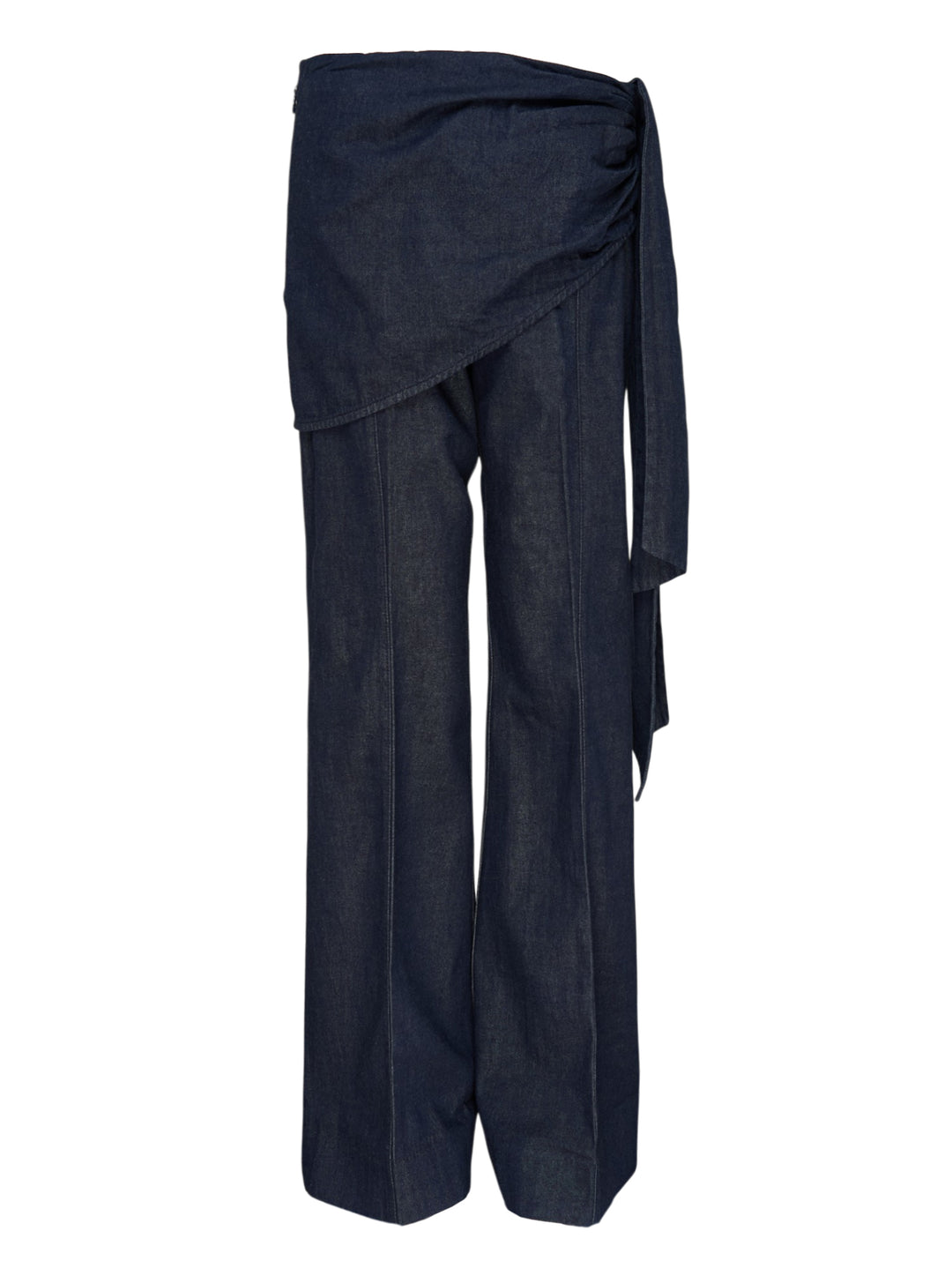 Zimmermann Draped Denim Flare Jeans in dark indigo, featuring a wide-leg silhouette with a wrap-style skirt overlay and self-tie gather detail at the hip