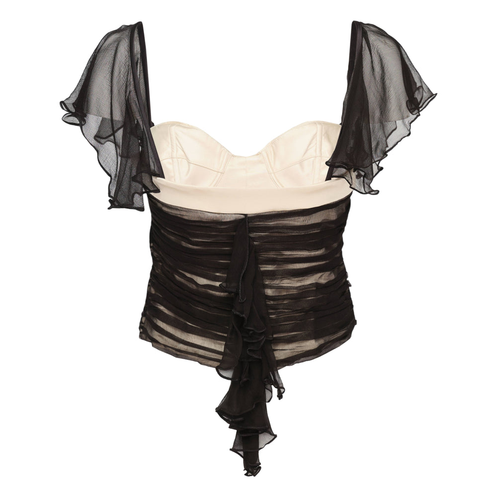 Stolen Stores black sheer chiffon ruched corset top with sweetheart neckline, cream contrast panel, cascading front ruffle, and flutter cap sleeves - view 2