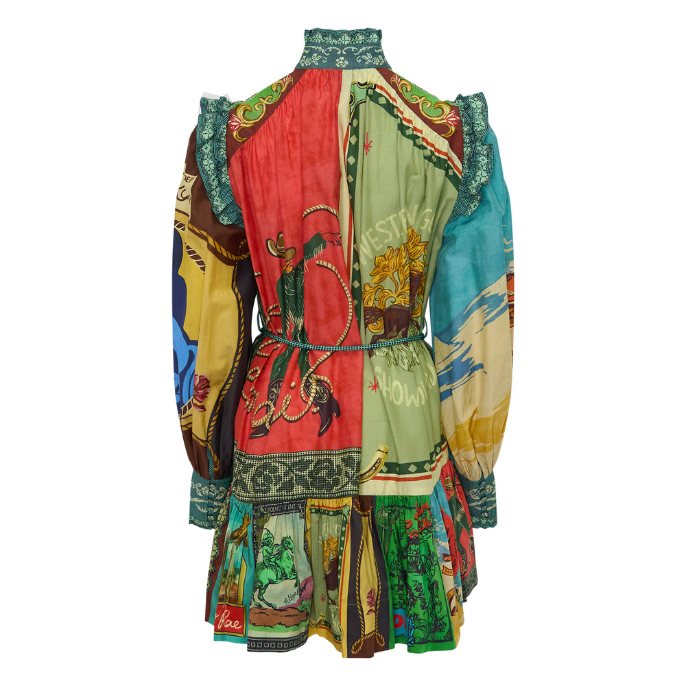 Alemais Ace Mini Dress featuring a vibrant rodeo-themed patchwork print, high neck with lace ruffle trim, cold-shoulder detailing, long balloon sleeves, braided waist tie, and tiered gathered skirt - view 2