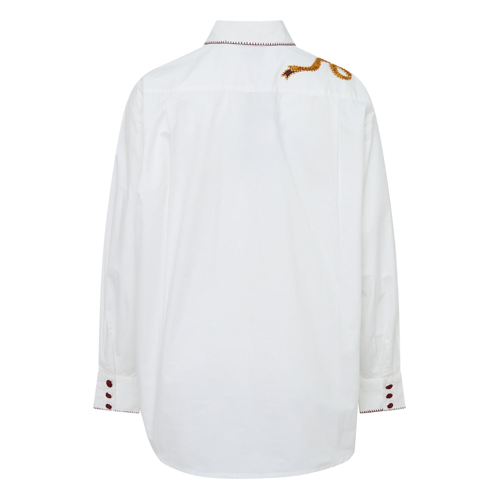Alemais Westwood Embellished Shirt in white cotton with rodeo-themed embroidered appliqué motif and contrast blanket-stitch trim on collar and cuffs - view 2