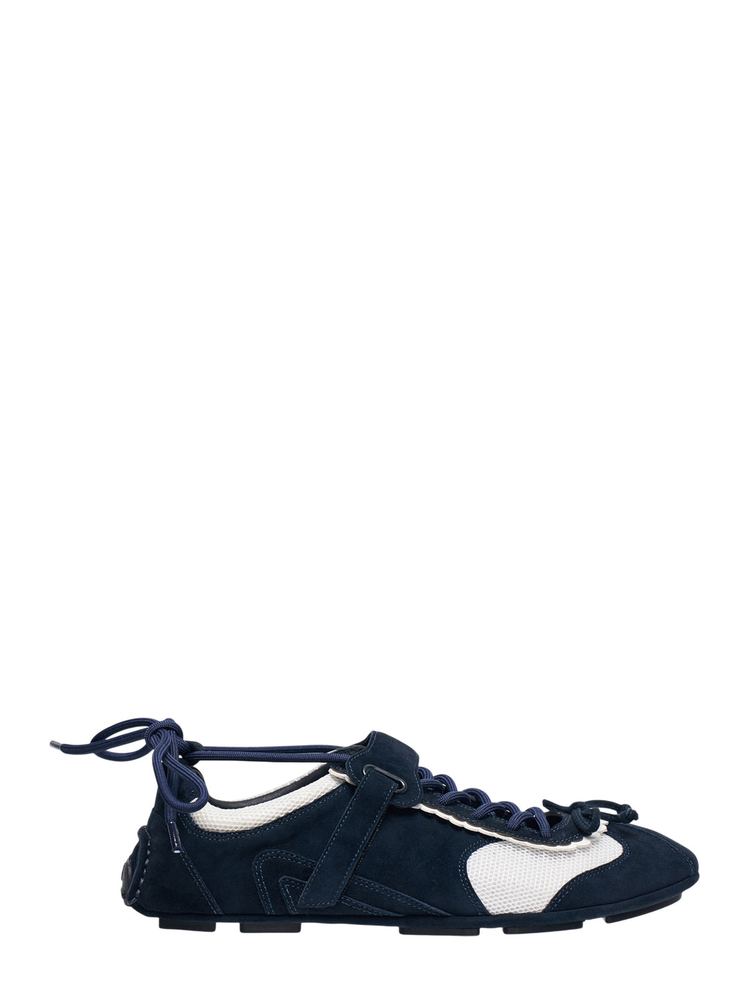 SHUSHU/TONG Bow Flat Sneakers in navy suede and white mesh with oversized bow laces and rubber driving sole, side profile view