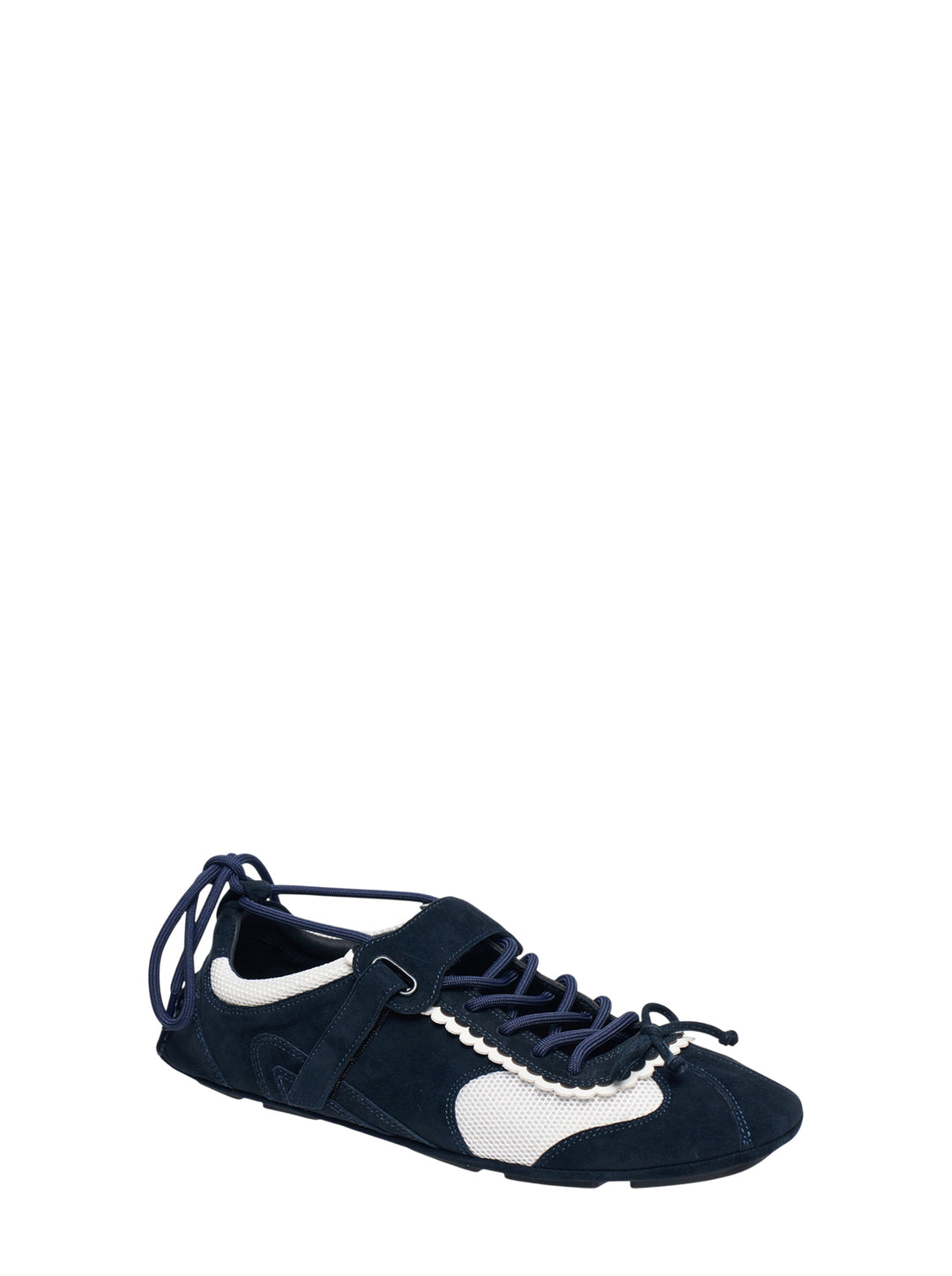 SHUSHU/TONG Bow Flat Sneakers in navy suede and white mesh with oversized bow laces and rubber driving sole, side profile view - view 2