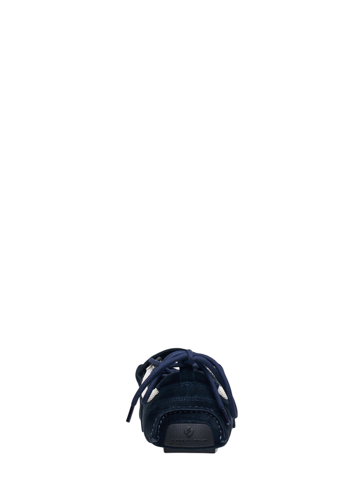 SHUSHU/TONG Bow Flat Sneakers in navy suede and white mesh with oversized bow laces and rubber driving sole, side profile view - view 3