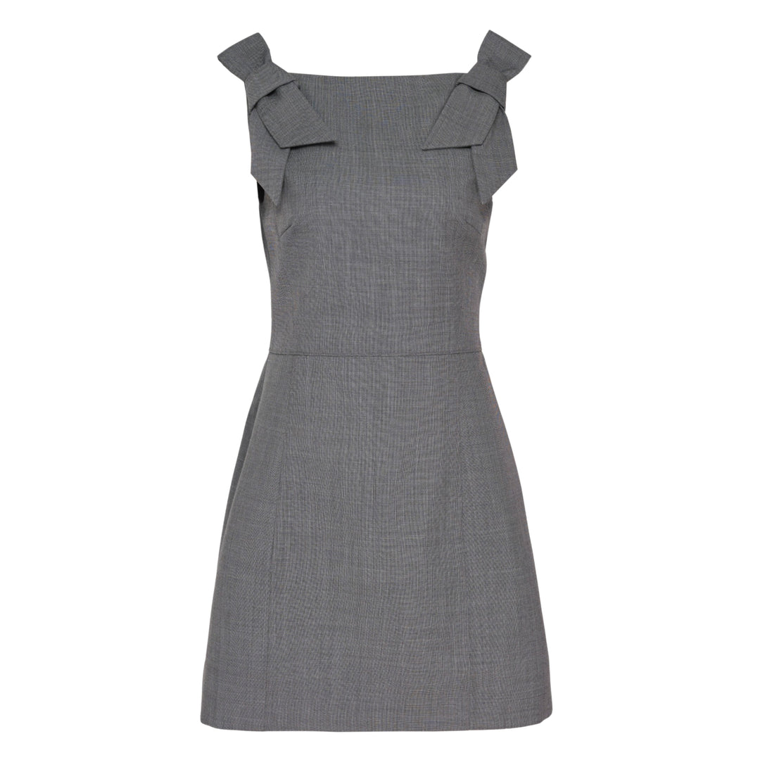 SHUSHU/TONG grey woven mini dress with structured bow shoulder straps and A-line silhouette, front view