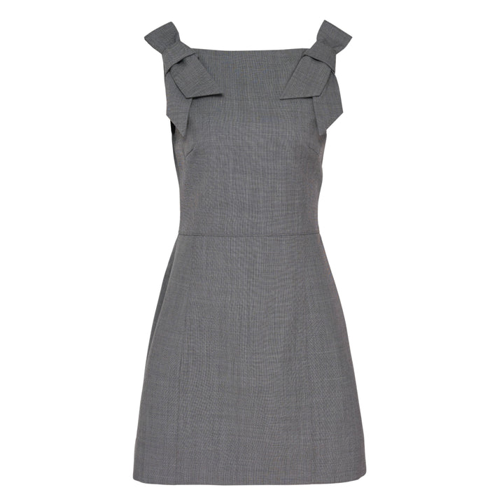 SHUSHU/TONG grey woven mini dress with structured bow shoulder straps and A-line silhouette, front view