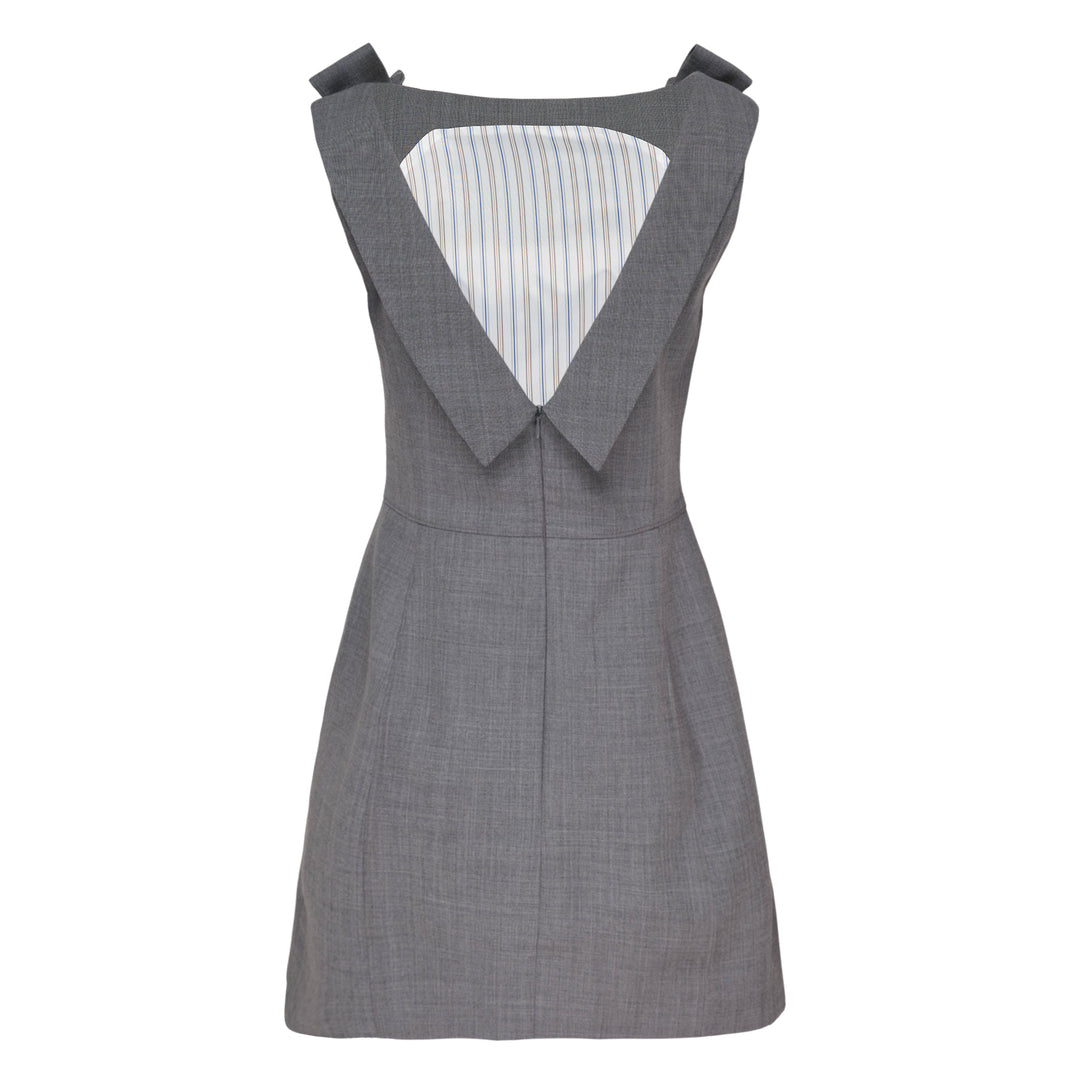 SHUSHU/TONG grey woven mini dress with structured bow shoulder straps and A-line silhouette, front view