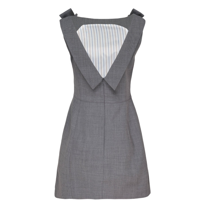 SHUSHU/TONG grey woven mini dress with structured bow shoulder straps and A-line silhouette, front view