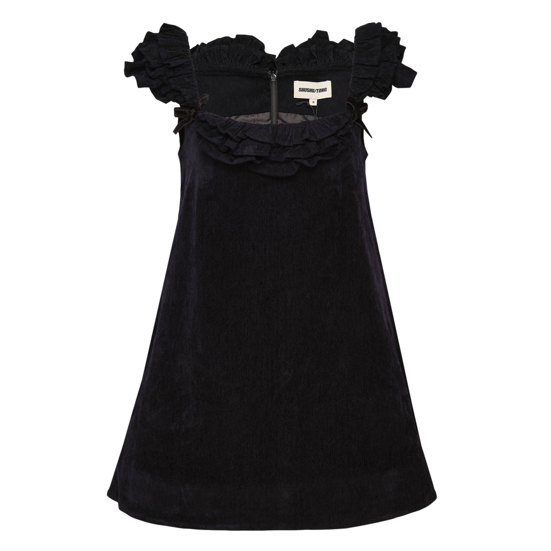 SHUSHU/TONG deep navy velvet mini dress with tiered ruffle off-shoulder neckline, bow accents, and A-line silhouette, shown from the back
