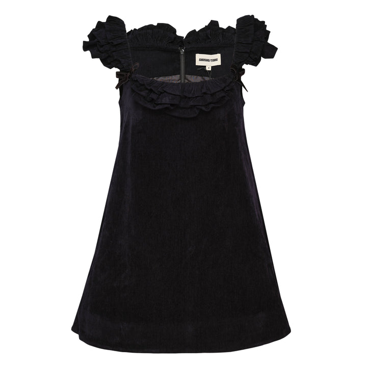 SHUSHU/TONG deep navy velvet mini dress with tiered ruffle off-shoulder neckline, bow accents, and A-line silhouette, shown from the back